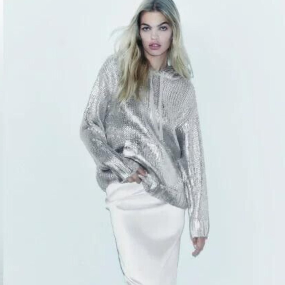 Zara Metallic Foil Knit Hoodie Sz M